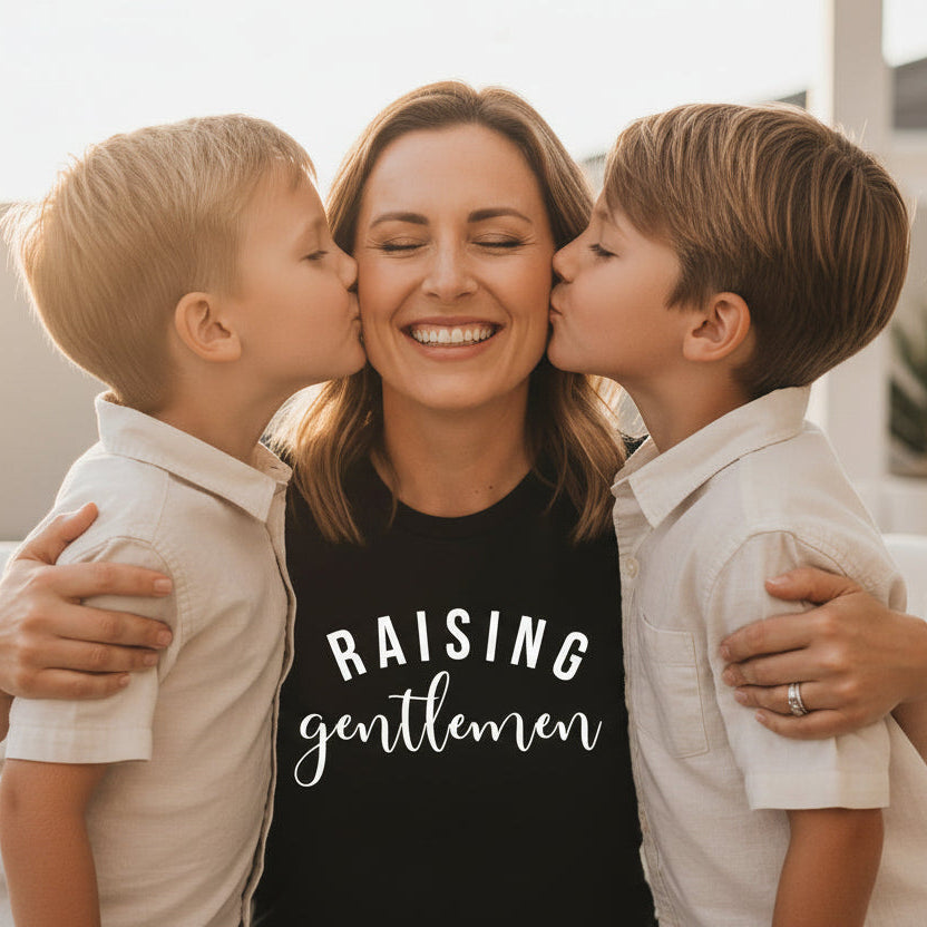 raising gentlemen shirt, boy mum t-shirt, motherhood shirt for boys, neutral aesthetic mum tee, Mother’s Day gift for mum of boys
