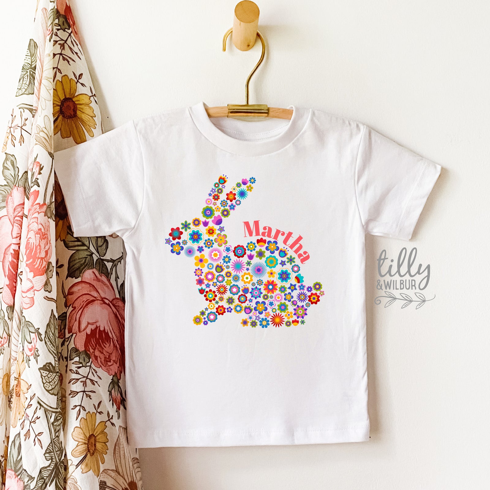 Personalised Floral Bunny Easter Shirt – Colourful Bunny Name Top for Girls, Babies & Kids