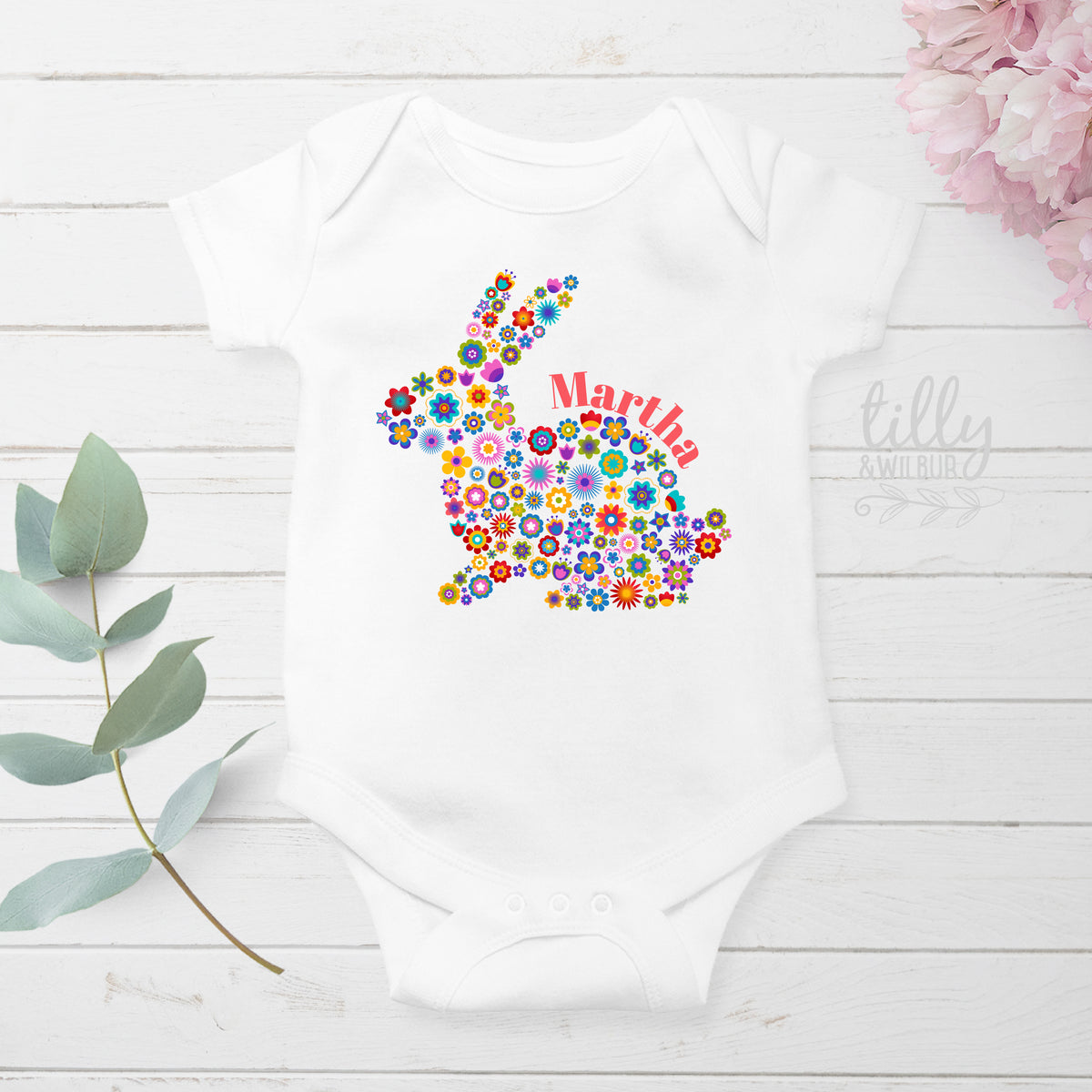 Personalised Floral Bunny Easter Shirt – Colourful Bunny Name Top for Girls, Babies & Kids