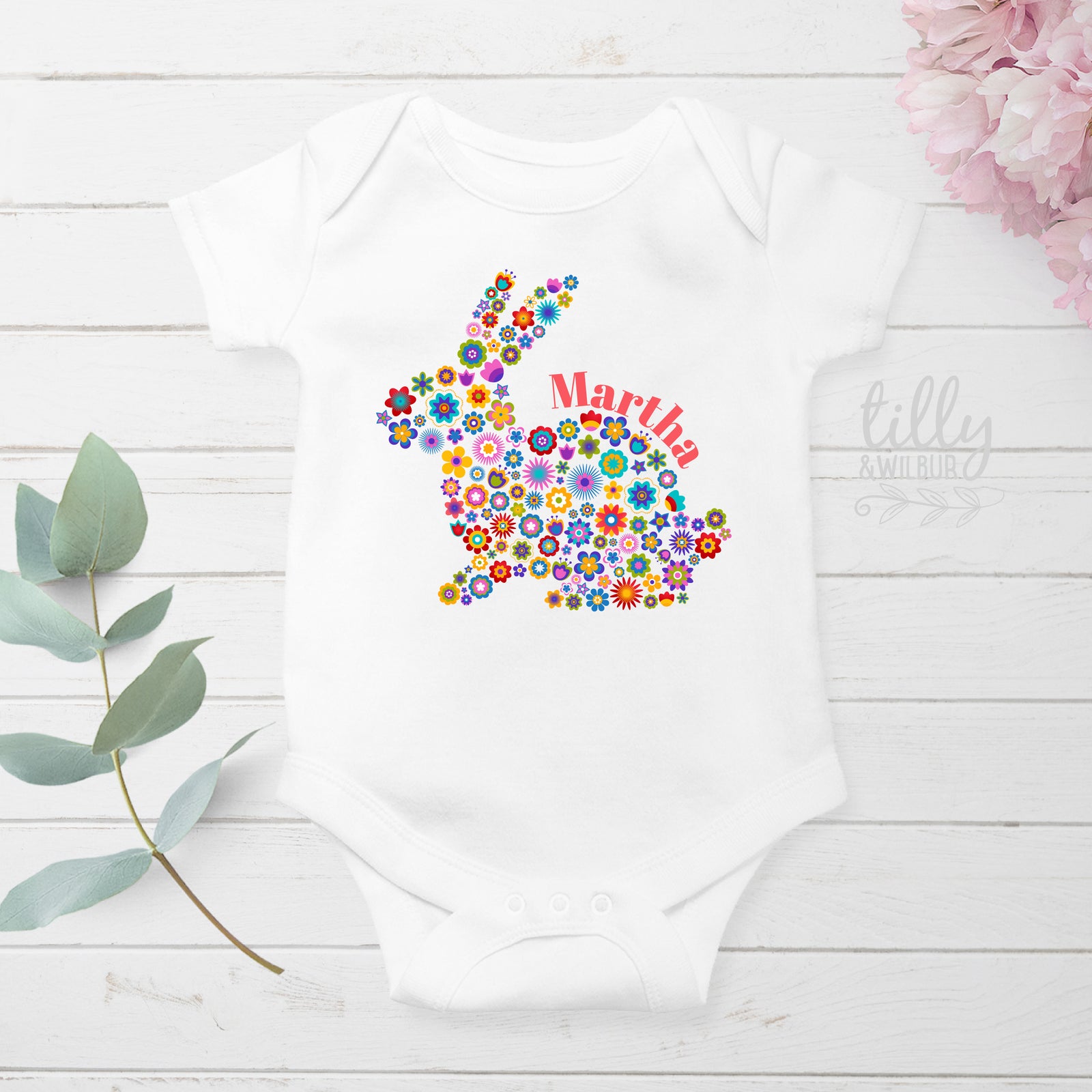 Personalised Floral Bunny Easter Shirt – Colourful Bunny Name Top for Girls, Babies & Kids