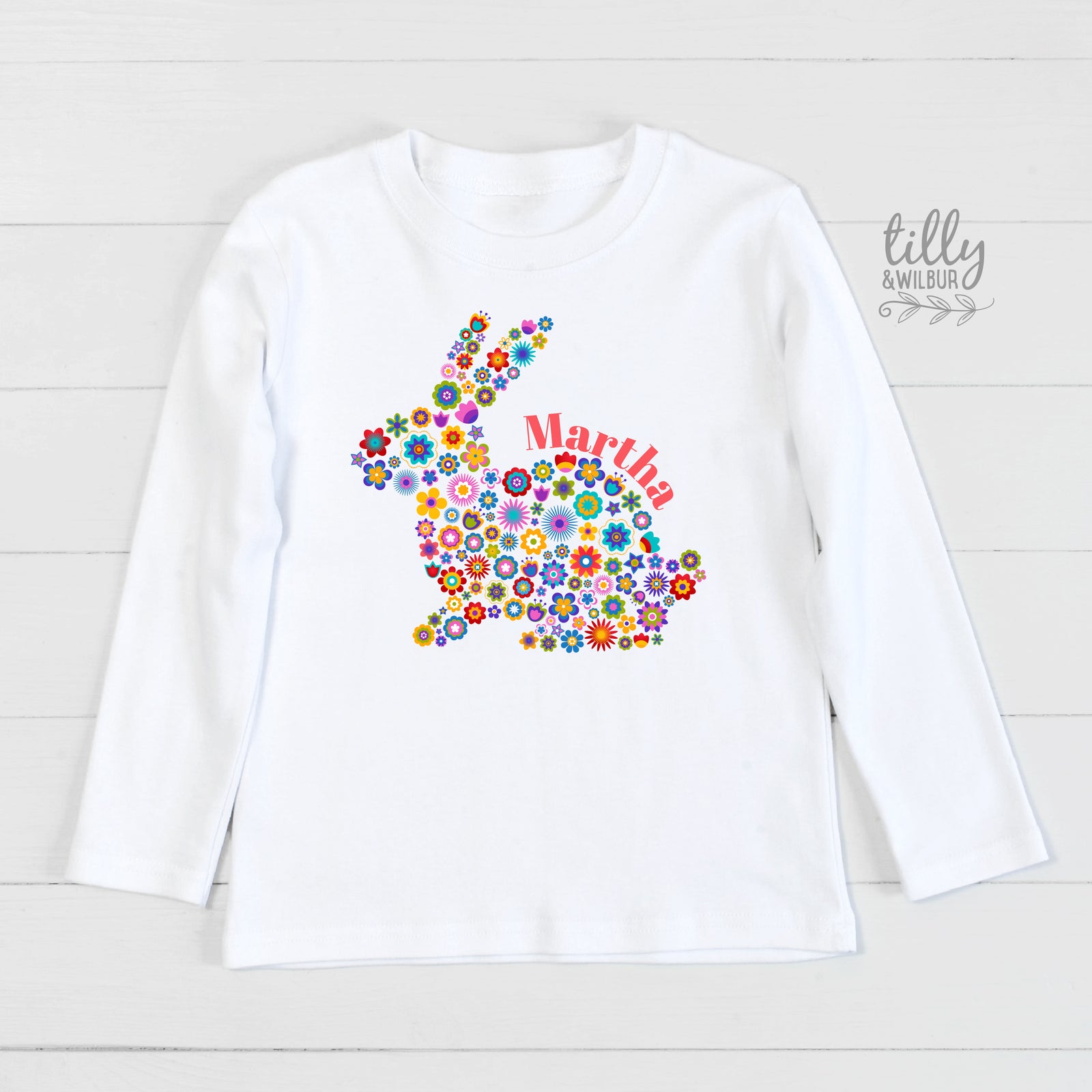 Personalised Floral Bunny Easter Shirt – Colourful Bunny Name Top for Girls, Babies & Kids