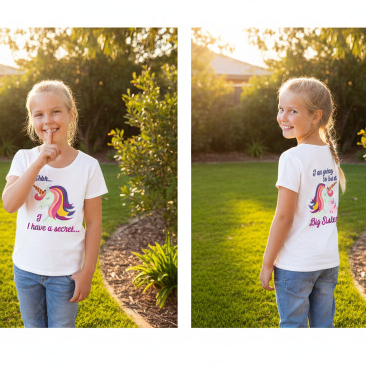 Girl wearing a white t-shirt with a unicorn and Shhh I Have A Secret on the front and I Am Going To Be A Big Sister on the back.