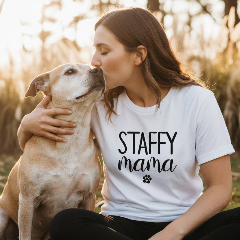 Staffy Mama text printed on white t-shirt, Mother’s Day gift idea for dog mums