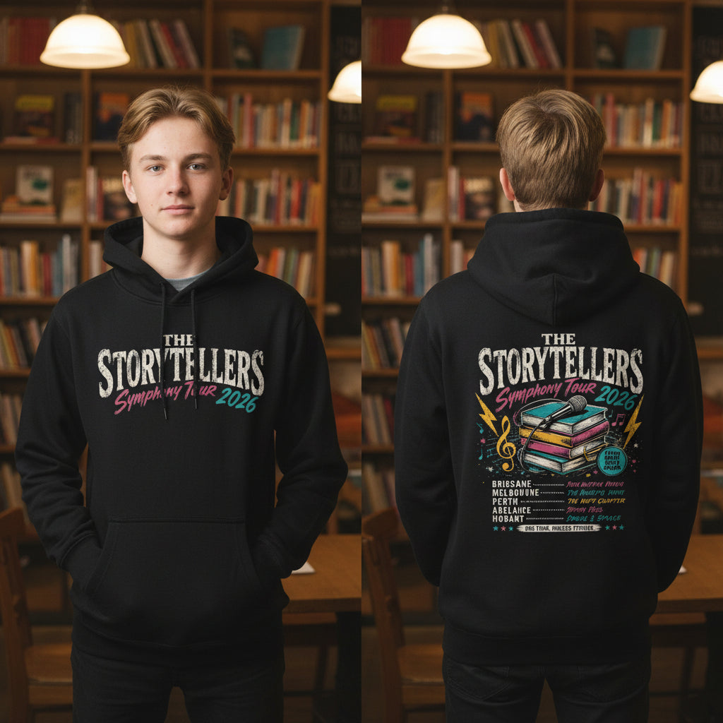 Black hoodie with front and back print - Storytellers Symphony Tour logo on chest and full vintage tour poster design with book stack and Australian city lineup on the back