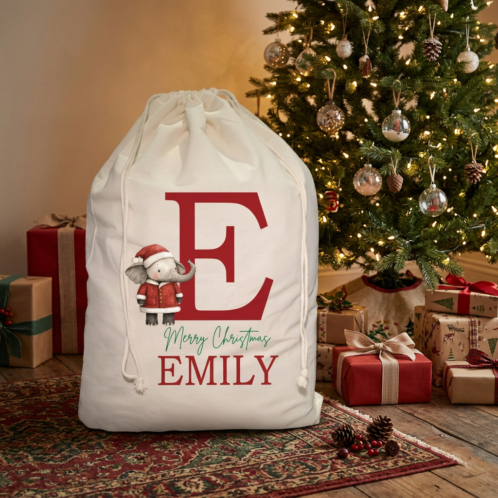 Natural cotton Santa sack printed with an elephant in a Santa hat and suit beside a large red initial, "Merry Christmas" in green script and the name "Emily" in red capitals
