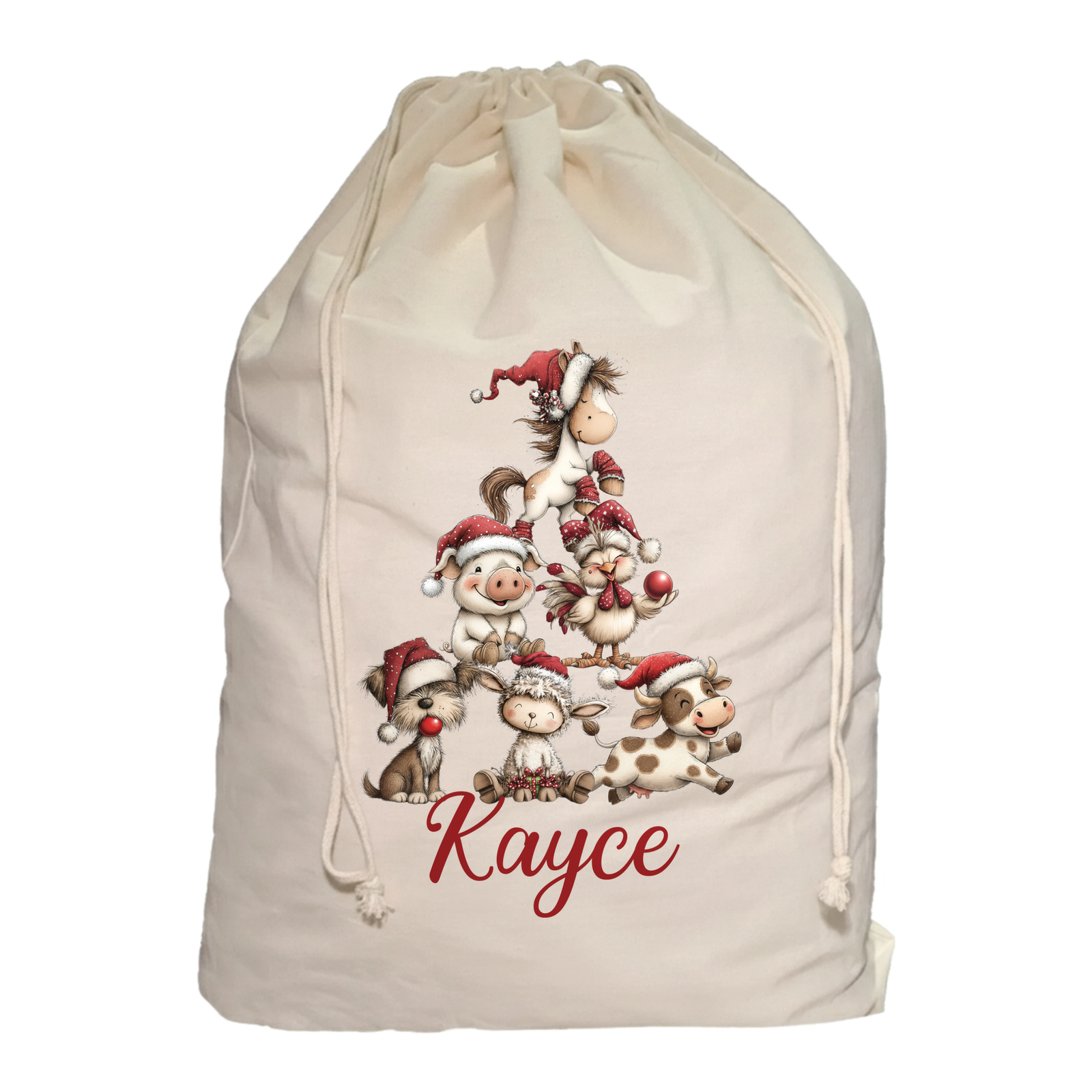 Personalised Santa Sack - Farm Animal Christmas Tree Design