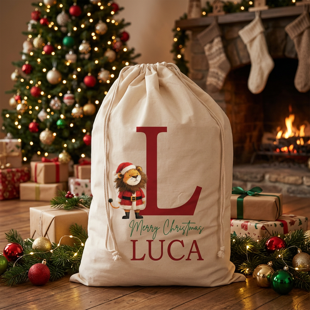 Natural cotton Santa sack printed with a lion in a Santa hat and suit beside a large red initial, "Merry Christmas" in green script and the name "Luca" in red capitals