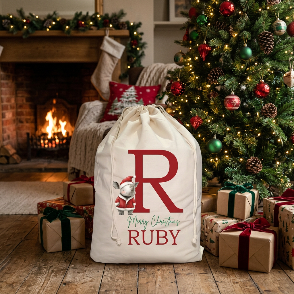 Natural cotton Santa sack printed with a rhino in a Santa hat and suit beside a large red initial, "Merry Christmas" in green script and the name "Ruby" in red capitals