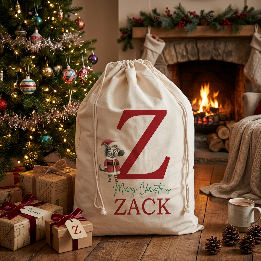 Natural cotton Santa sack printed with a zebra in a Santa hat and suit beside a large red initial, "Merry Christmas" in green script and the name "Zack" in red capitals