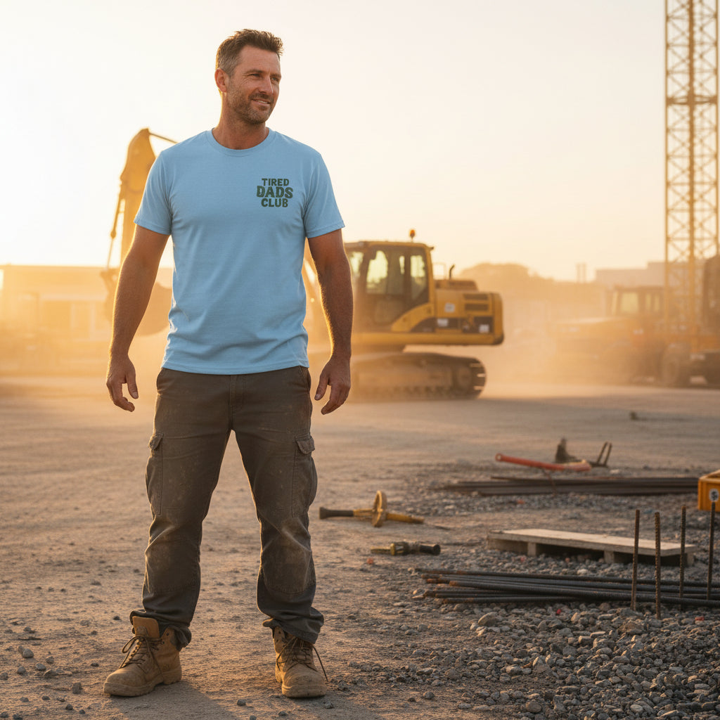 A light blue short-sleeve t-shirt shown from both front and back. The front features a dark green text graphic reading 'TIRED DADS CLUB' on the left chest.