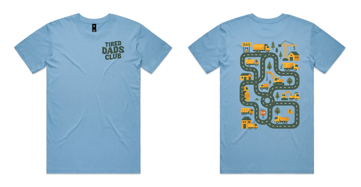 Blue coloured t-shirt with Tired Dads Club on the front and a construction road play map with trucks and cranes on the back.