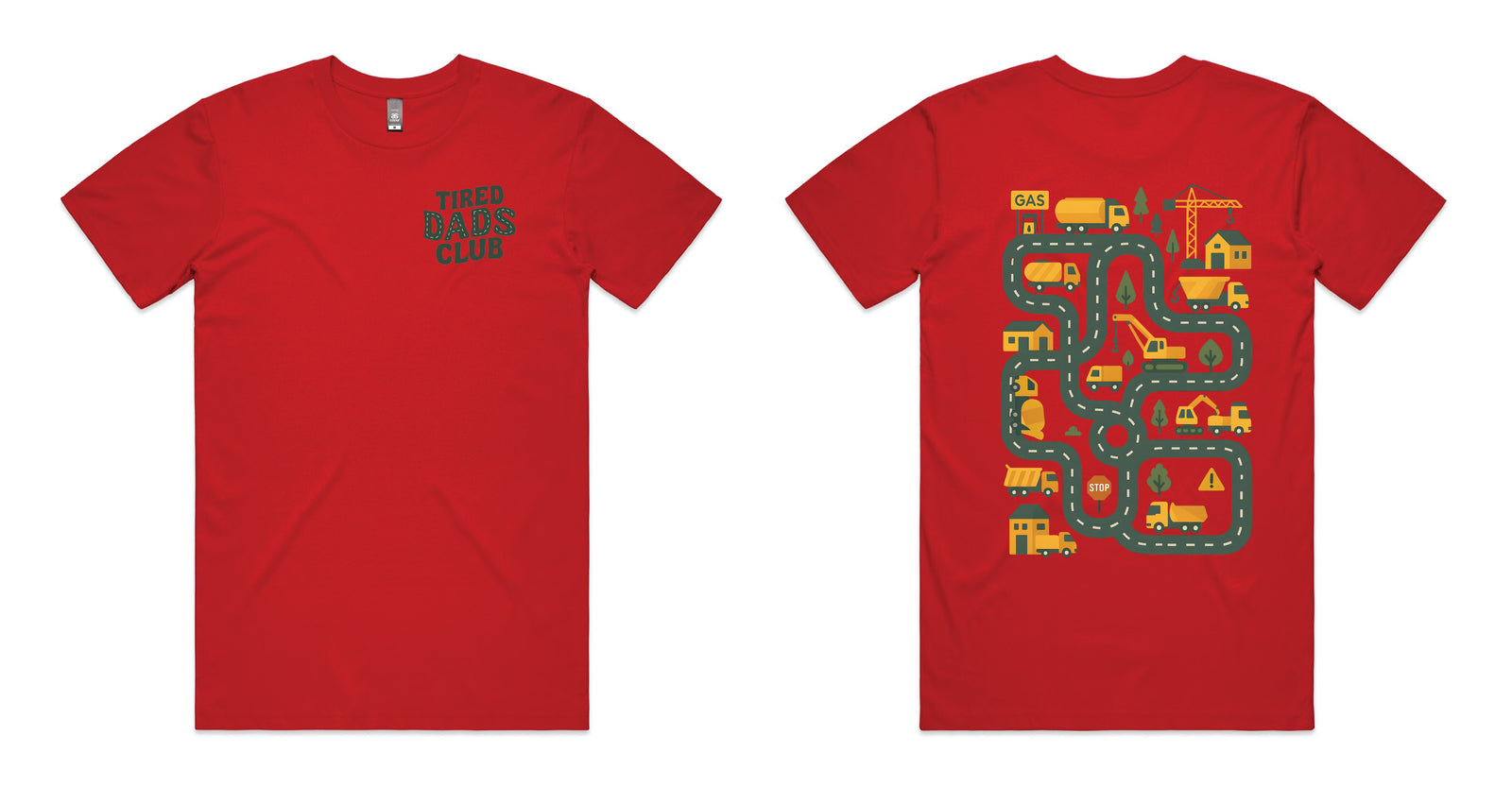 Red coloured t-shirt with Tired Dads Club on the front and a construction road play map with trucks and cranes on the back.