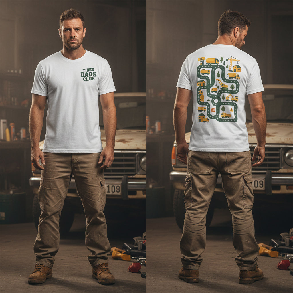 White short-sleeve crewneck t-shirt shown from both front and back. The front features the text 'TIRED DADS CLUB' in dark green on the left chest.