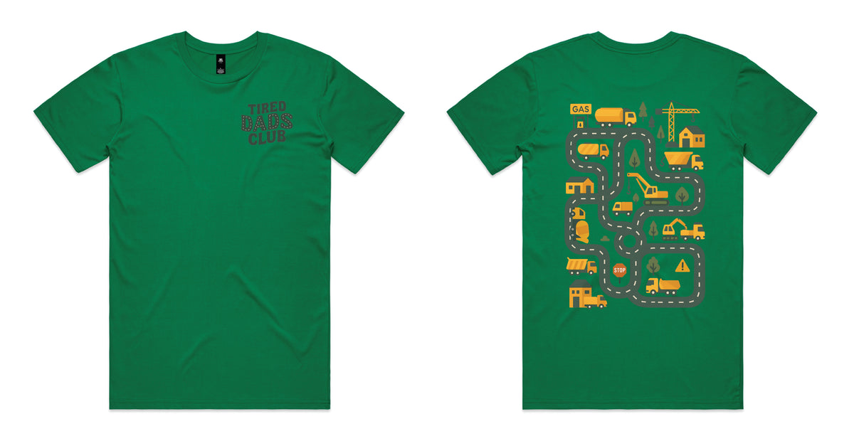 Green coloured t-shirt with Tired Dads Club on the front and a construction road play map with trucks and cranes on the back.