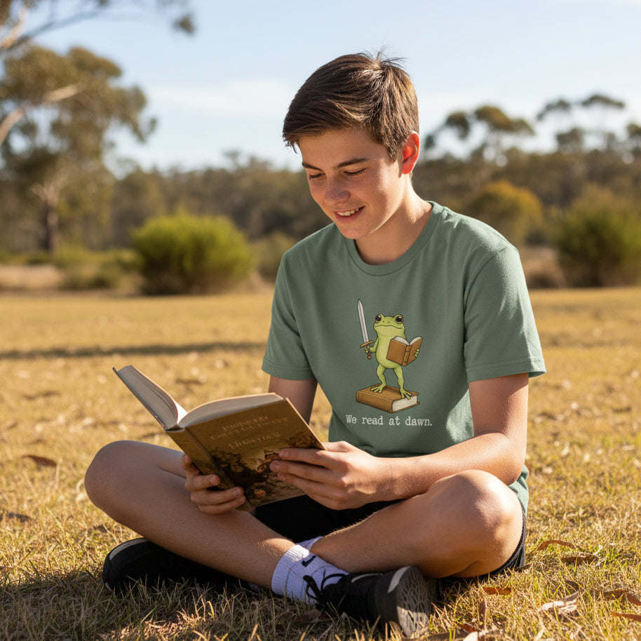Book Lover T-Shirt – We Read At Dawn Sword Frog Reader Tee