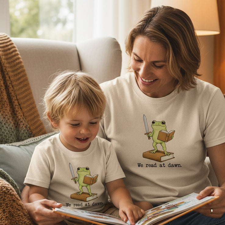 Book Lover T-Shirt – We Read At Dawn Sword Frog Reader Tee