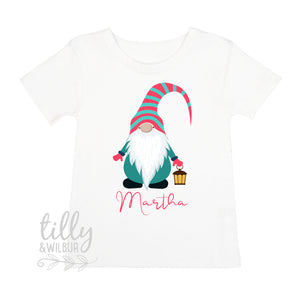 Personalised Christmas Gnome T-Shirt For Girls