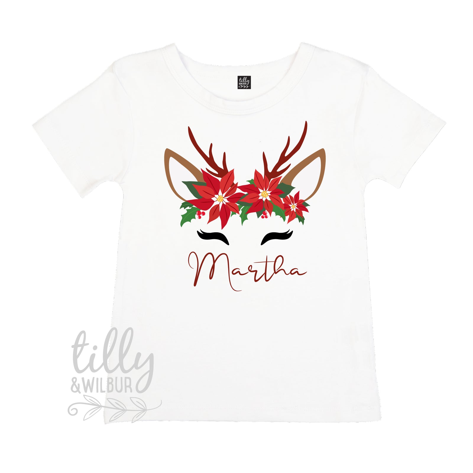 Personalised Poinsettia Reindeer T-Shirt For Girls