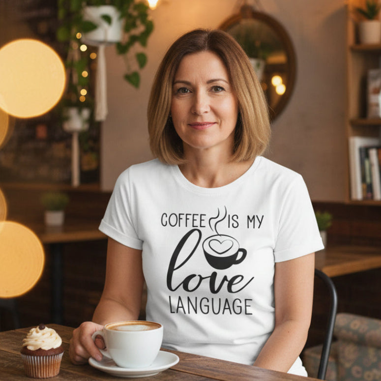 A white t-shirt with the text 'COFFEE IS MY LOVE LANGUAGE' printed on the front, accompanied by a pair of blue jeans. The t-shirt is presented on a wooden surface with a small floral arrangement to the left and a denim bag to the right.