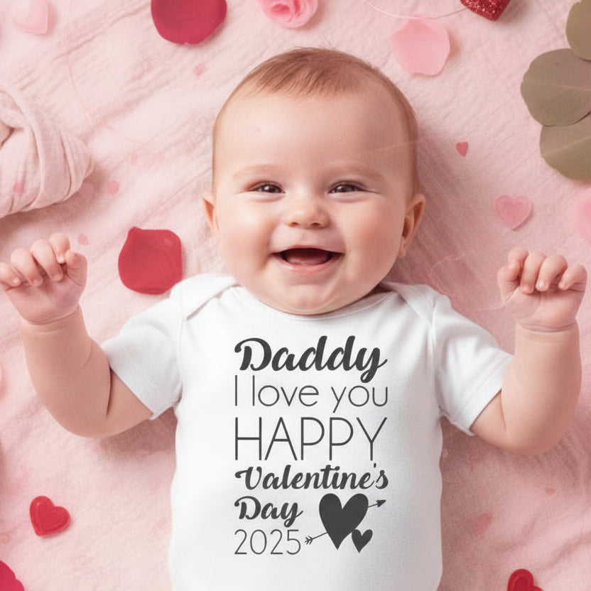 Baby wearing a white onesie with Valentine's Day text, lying on a soft surface.
