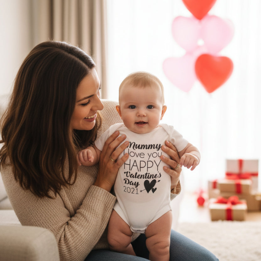 A white baby bodysuit with the text 'MUMMY I LOVE YOU HAPPY VALENTINE'S DAY 2025' printed on the front, accompanied by a heart symbol.