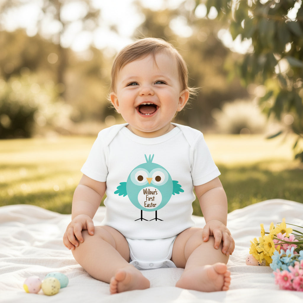 personalised first easter baby boy bodysuit blue chick custom name outfit australia