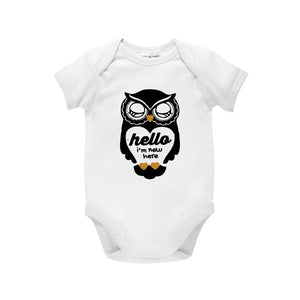 Hello I'm New Here Baby Bodysuit, One-Piece Gift For Newborn, White Cotton, Unisex For Girls Or Boys With Sweet Sleeping Owl, U-W-BS