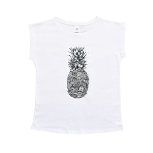 Pineapple T-Shirt, Fruit Tshirt, White Cotton Short Sleeve Tee for Girls, Fruity Theme, Plant Based, Vegetarian, Vegan, G-W-SS-T
