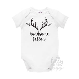 Handsome Fellow Baby Boy Outfit, Woodland Theme, Deer Antlers, White Cotton Bodysuit, New Baby Boy Gift, Boho Hipster Design, U-W-BS
