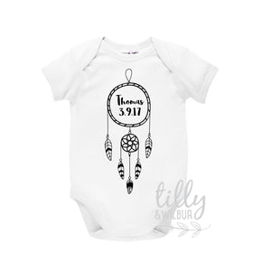 Personalised Newborn Baby Bodysuit With Name And Date Of Birth, Boho Theme With Dreamcatcher, Baby Shower Gift, New Baby Gift, DOB, U-W-BS