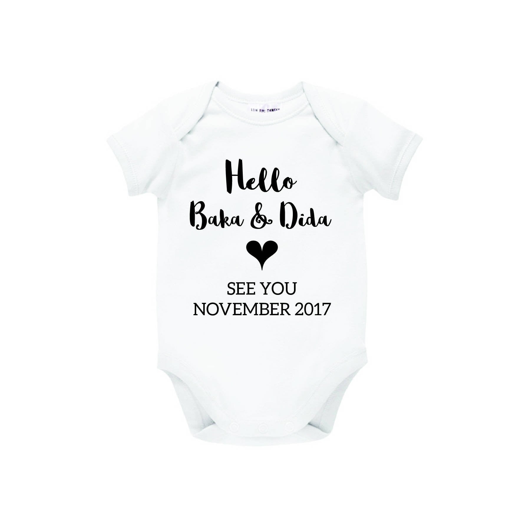 Hello Baka & Dida Baby Bodysuit With Arrival Date, Pregnancy Announcement, Reveal Romper, Surprise, You're Going To Be Grandparents, U-W-BS