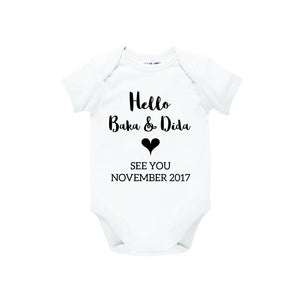 Hello Baka & Dida Baby Bodysuit With Arrival Date, Pregnancy Announcement, Reveal Romper, Surprise, You're Going To Be Grandparents, U-W-BS