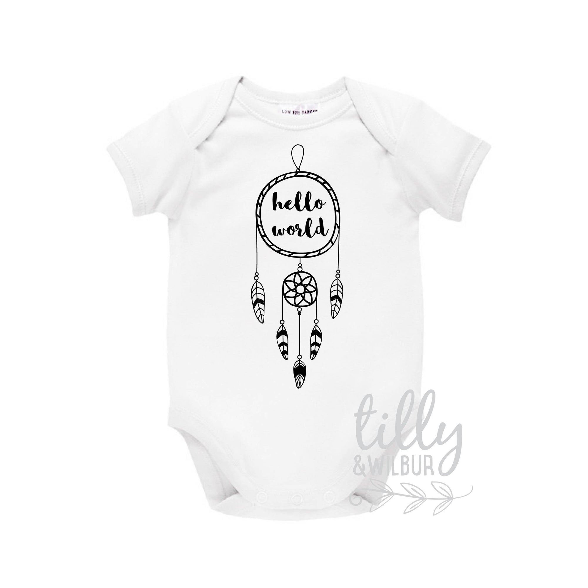 Hello World Newborn Baby Bodysuit, Boho Theme With Dreamcatcher, White Cotton Bodysuit, New Baby Gift, Boho Dream Catcher Design, U-W-BS