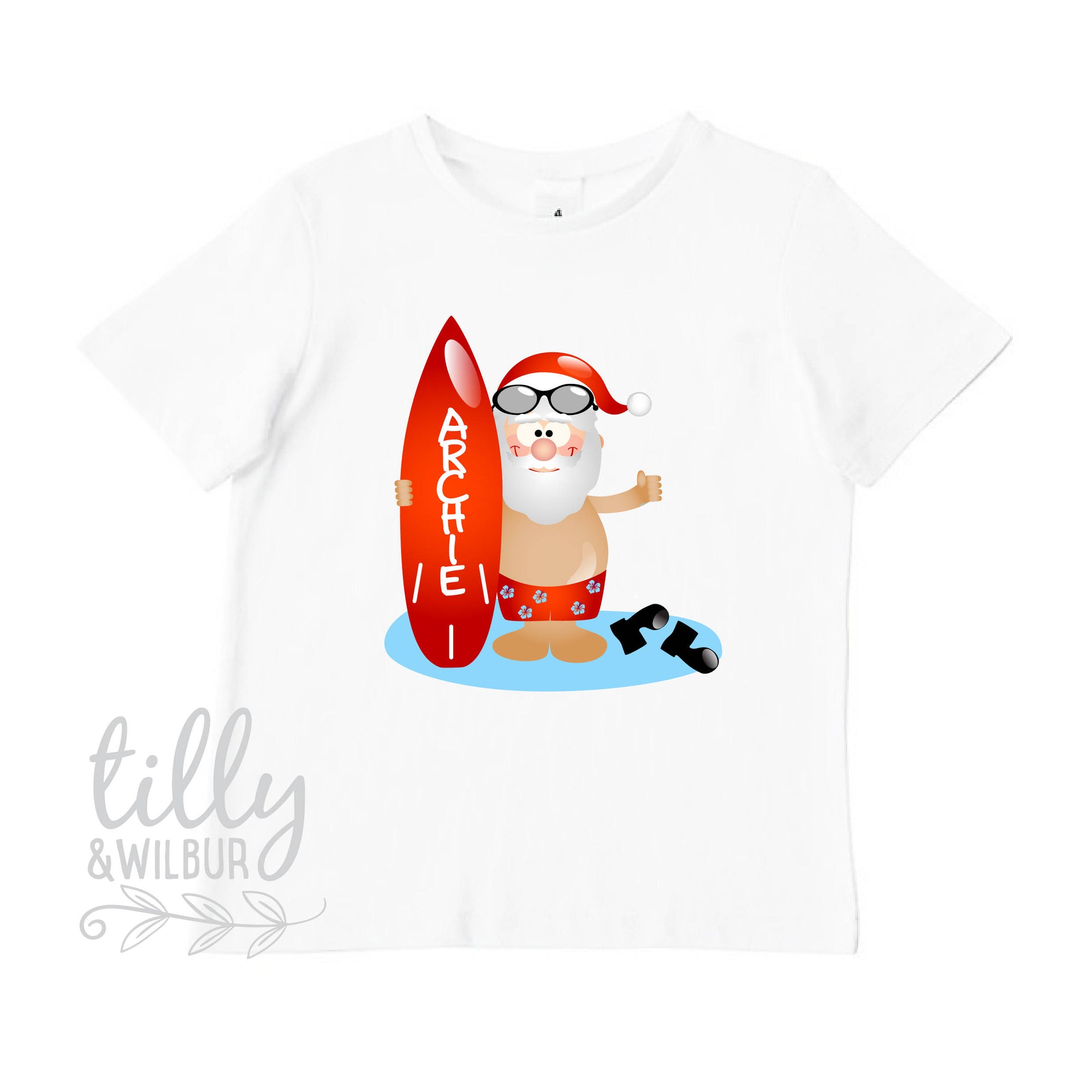 Surfing Santa Personalised Christmas T-Shirt, Aussie Xmas, Australian Summer Xmas, Beach Santa With Surf Board, Christmas Overseas, Boys Tee