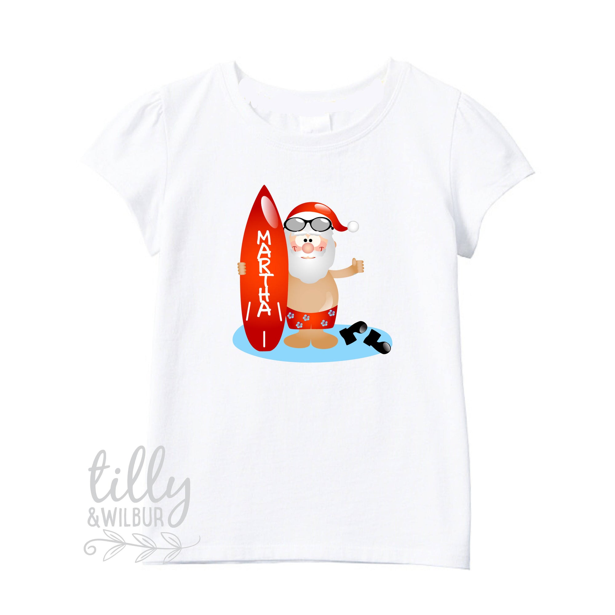 Surfing Santa Personalised Christmas T-Shirt, Aussie Xmas, Australian Summer, Beach Santa With Surf Board, Christmas Overseas, Girls Shirt