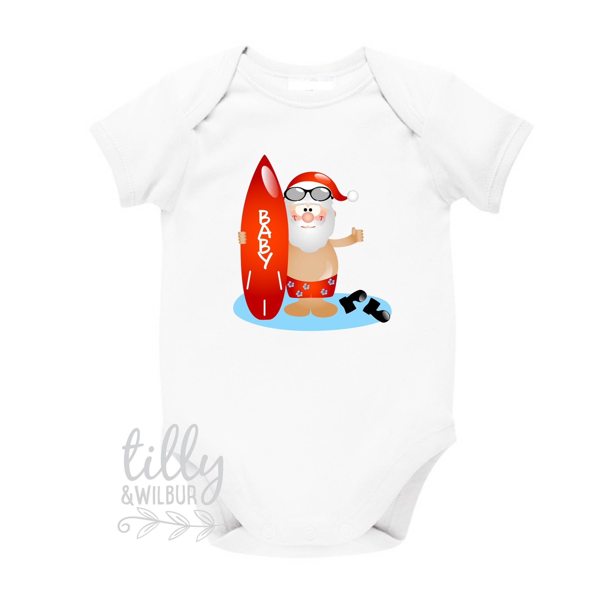 Surfing Santa Personalised Christmas Baby Bodysuit, Aussie Xmas Gift, Australian Summer, Beach Santa With Surf Board, Christmas Overseas,