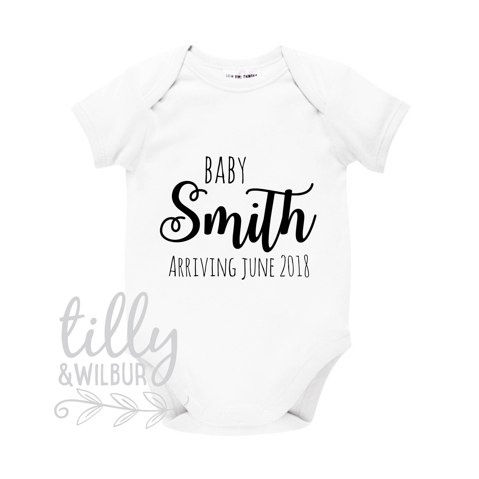 Pregnancy Announcement Baby Bodysuit, Baby Arriving, Personalised With Surname And Due Date, Announcement Romper, Reveal Outfit, Baby Shower
