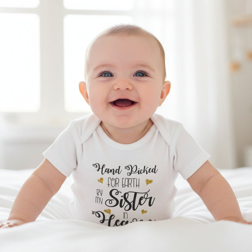 Handpicked For Earth By My Sister In Heaven Baby Bodysuit, Baby Girl Bodysuit, Handpicked For Earth Baby, Sibling In Heaven, Baby Outfit