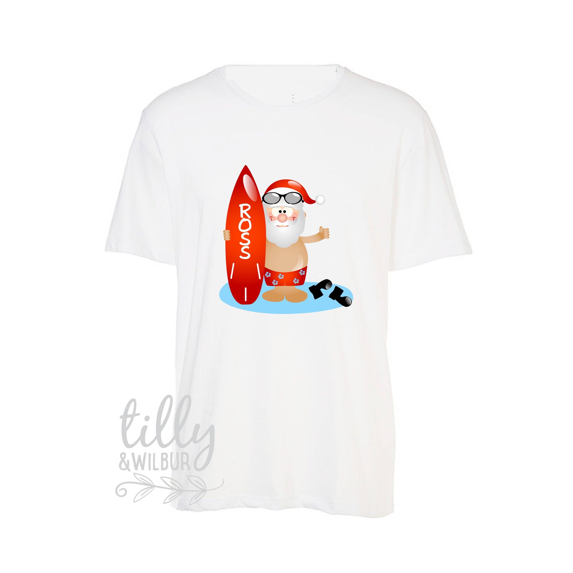 Surfing Santa Personalised Christmas Men's T-Shirt, Aussie Xmas Gift, Australian Summer, Beach Santa With Surf Board, Christmas Overseas,