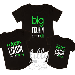 Personalised Cousin T-Shirt Set For Boys, Big Cousin Middle Cousin Little Cousin, Boys Cousin Gifts, Pregnancy Announcement, Reveal Outfits