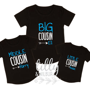 Personalised Cousin T-Shirt Set For Boys, Big Cousin Middle Cousin Little Cousin, Boys Cousin Gifts, Pregnancy Announcement, Reveal Outfits
