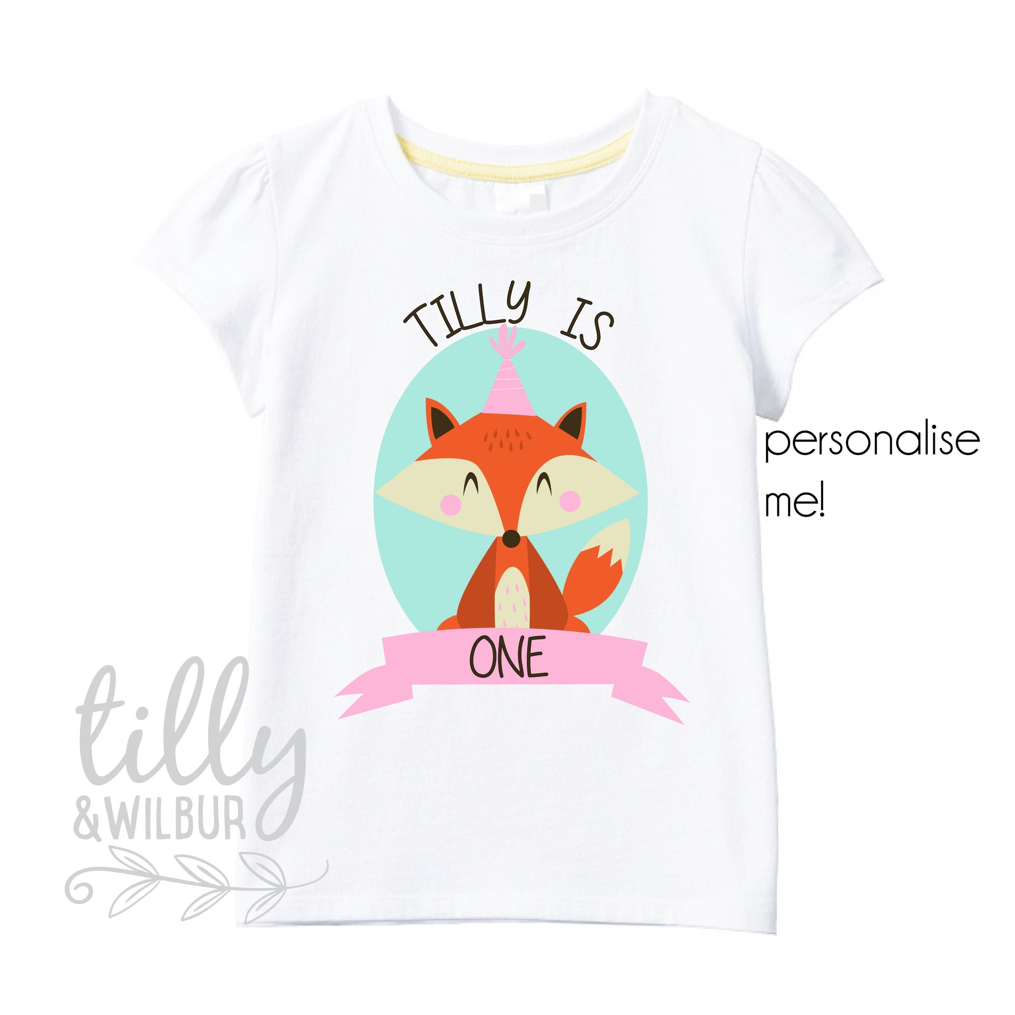 Personalised Girls One Birthday T-Shirt, Girls 1st Birthday Gift, First Birthday Tee, Pink And Mint Fox Design, Cake Smash Outfit