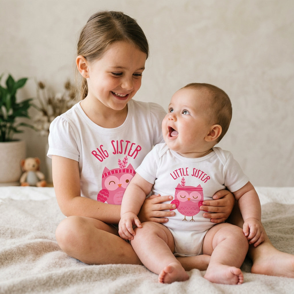 White girls t-shirt reading Big Sister beside a white baby bodysuit reading Little Sister, each with a pink owl.
