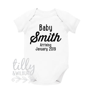Personalised Pregnancy Announcement Baby Bodysuit With Your Name And Due Date, Pregnancy Announcement Bodysuit, Baby On The Way, Up The Duff