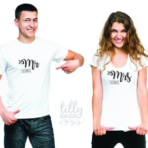 Mr and Mrs Personalised Matchy Matchy T-Shirt Set, Honeymoon Outfits, Wedding Gift, His and Hers Matching Clothing, Mr and Mrs With Surname