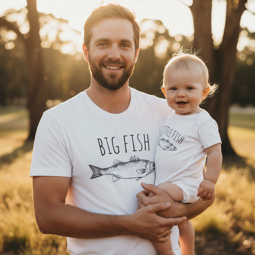 Matching Big Fish Little Fish Father's Day t-shirt and baby bodyuit set in white.