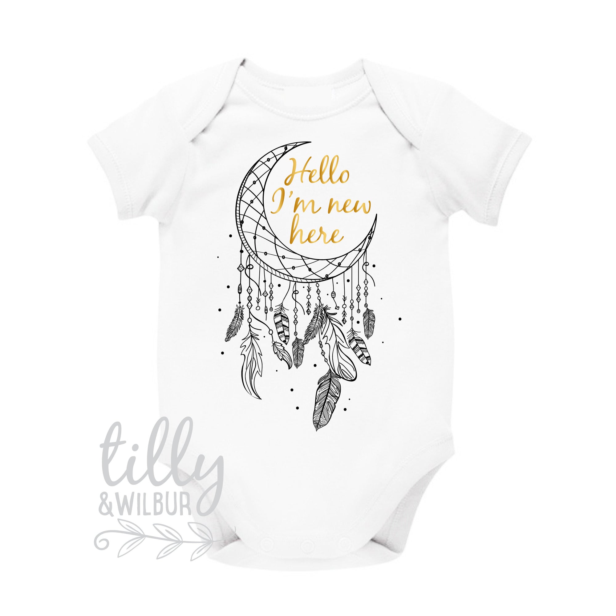 Hello I'm New Here Baby Bodysuit, Hello I Am, Newborn Gift, Newborn Outfit, Newborn Baby, New Baby, New Baby Gift, Dreamcatcher, Moon, Gold