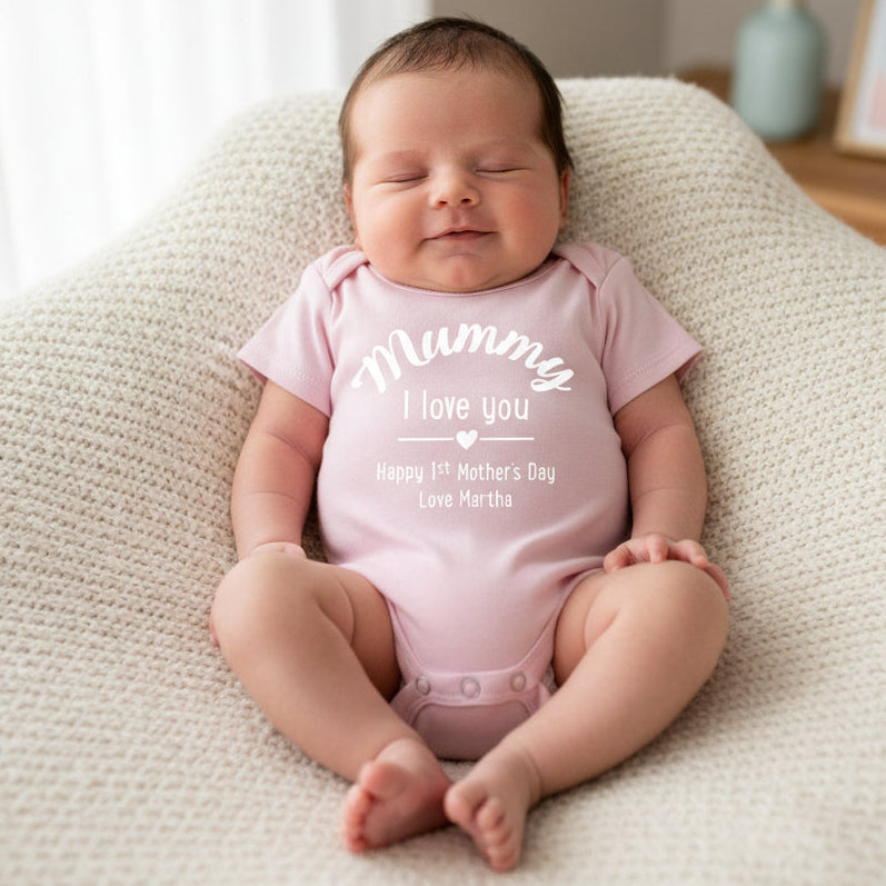 Personalised baby bodysuit with I love you Happy 1st Mother’s Day message, custom newborn outfit Australia