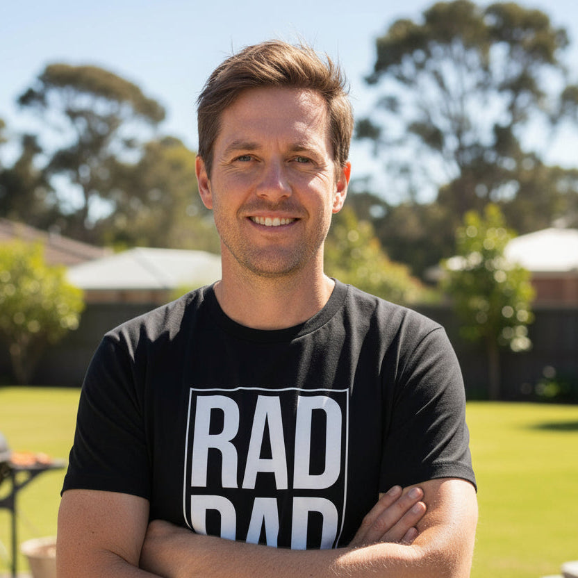 Black t-shirt with a large boxed print reading Rad Dad.