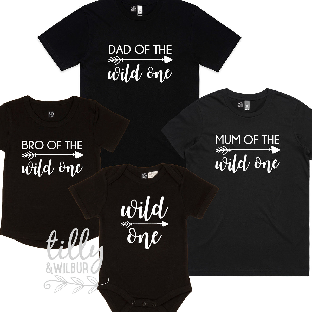 Black family t-shirts and a baby bodysuit reading Wild One, Mum of the Wild One, Dad of the Wild One and Bro of the Wild One.